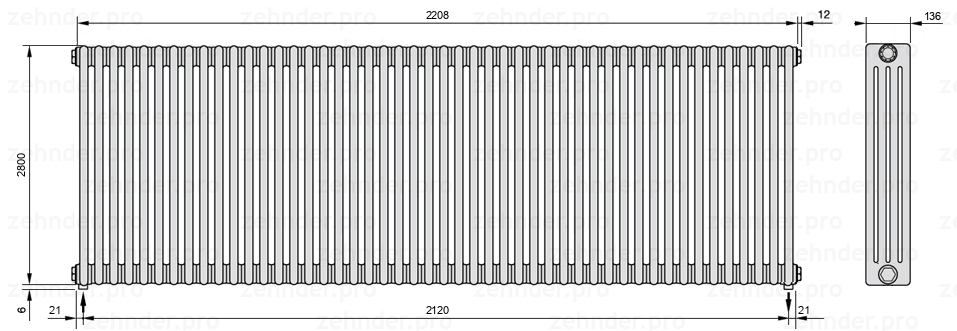 Схема (чертеж) Радиатор Zehnder Charleston 4280/48 №5310 Белый глянцевый RAL 9016